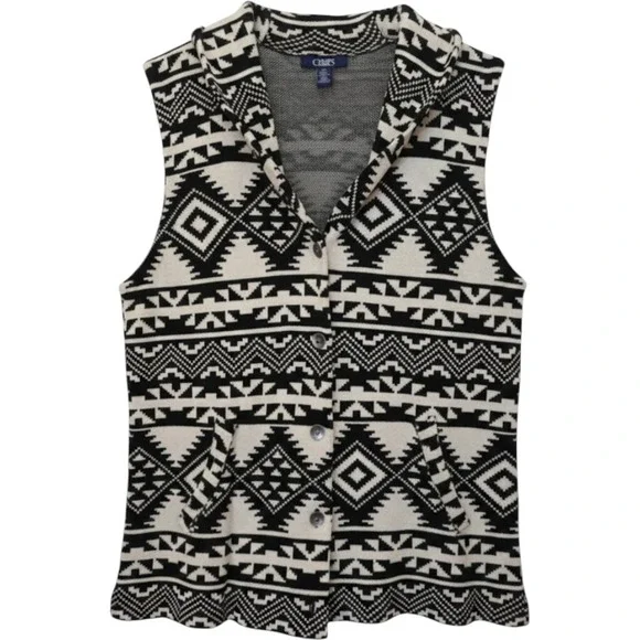 Chaps Black‎ White Geometric Knit Sweater Vest Collared Button Front L/G