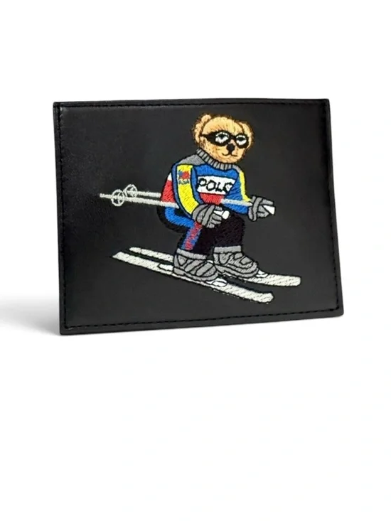 Polo Ralph Lauren Embroidered Ski Bear Leather Card Holder Black NWT OS