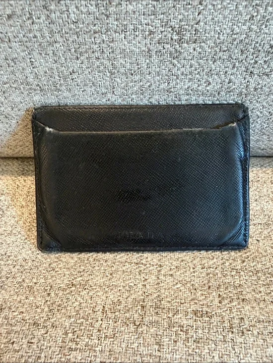 Prada Card Holder Leather Used Black Distressed Heavy Use