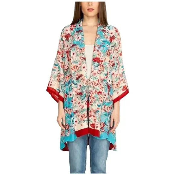 Johnny Was Jade Printed Blue Red Floral Print Cupra Rayon Kimono With Tie Medium
