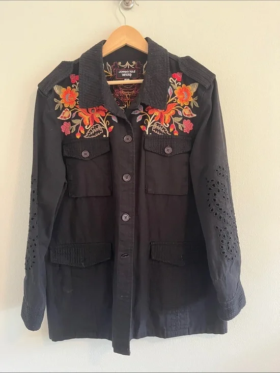 Johnny Was Black Utility Jacket with Orange & Pink Floral Embroidery