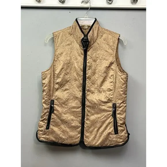 Eddie Bauer Womens‎ Premium Goose Down Vest Womens Medium Tan Embroidered Floral