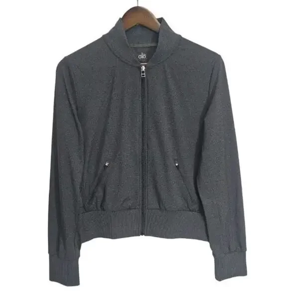 ALO Yoga Women's Gray Pleated Zip Bomber Jacket Size S Athleisure Track Heather
