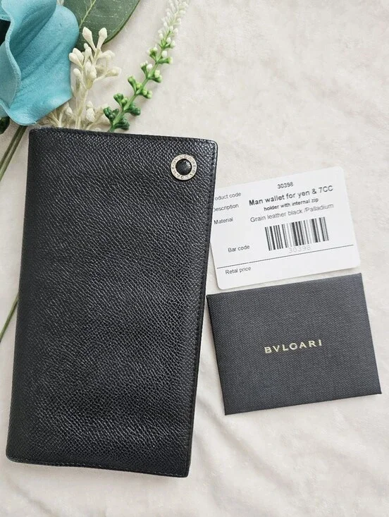 BVLGARI Black Grain Leather Men's Long Wallet Blue Interiors
