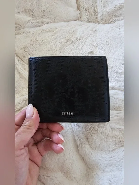 Christian Dior Black Perforated Oblique Leather Bifold Wallet - Made in Italy