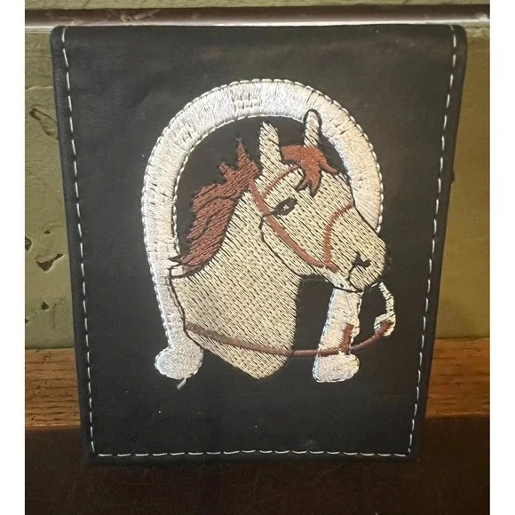 Vintage Leather Horse Horseshoe Embroidered Black‎ Bifold Wallet Western Cowboy
