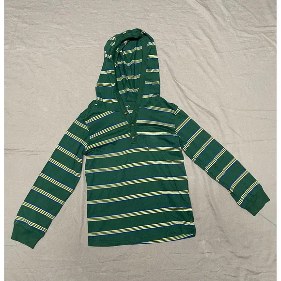 Carters Kid Boys Green Striped Hooded Henley Long Sleeve Shirt Size 8 8A Cotton