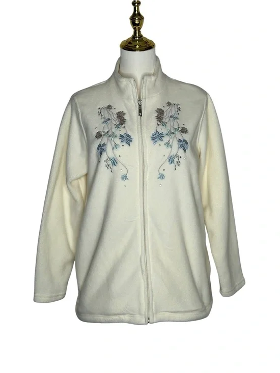 Vintage Hasting & Smith Grannycore Cream Floral Embroidered Zip Jacket Sz PM 90s