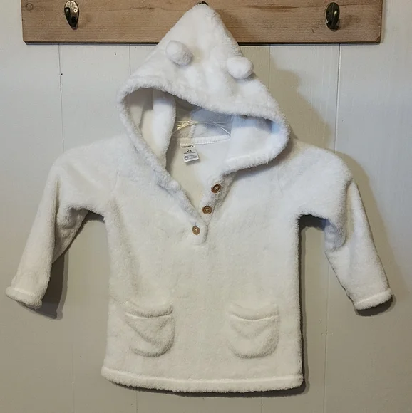 Carter's Girls White Fleece Pullover Shirt 2T Hooded Little Ears Soft‎ Warm B71