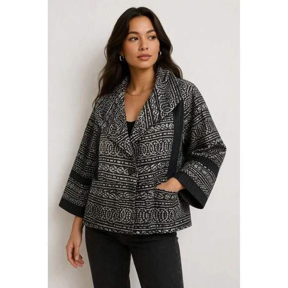 Anthropologie Cropped Jacket Medium Bell Sleeves‎ Blue Boho Luxe Artisan Blazer