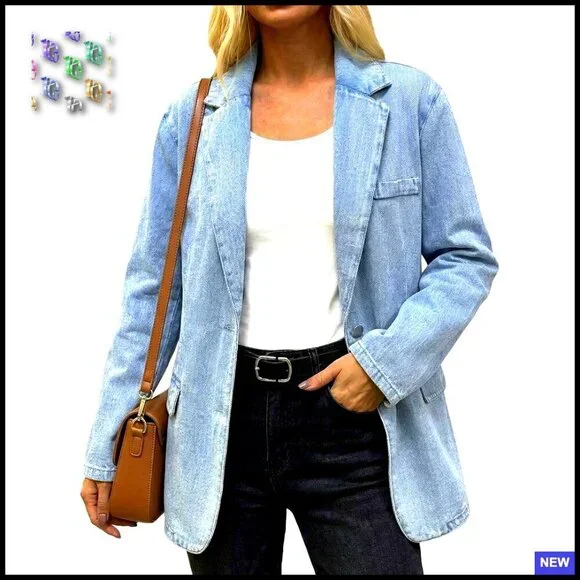 Oversized Denim Blazer Jacket Lightweight Distressed Open Front Chic