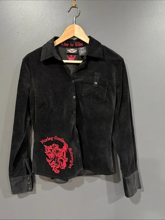 Harley-Davidson Black Suede Button-Front Jacket with Red Embroidered Crest