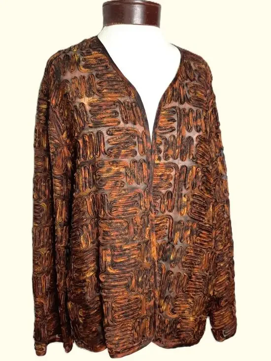 Chicos Silk Soutache Ribbon Jacket Brown Gold Open Front Cardigan Textured Sz L