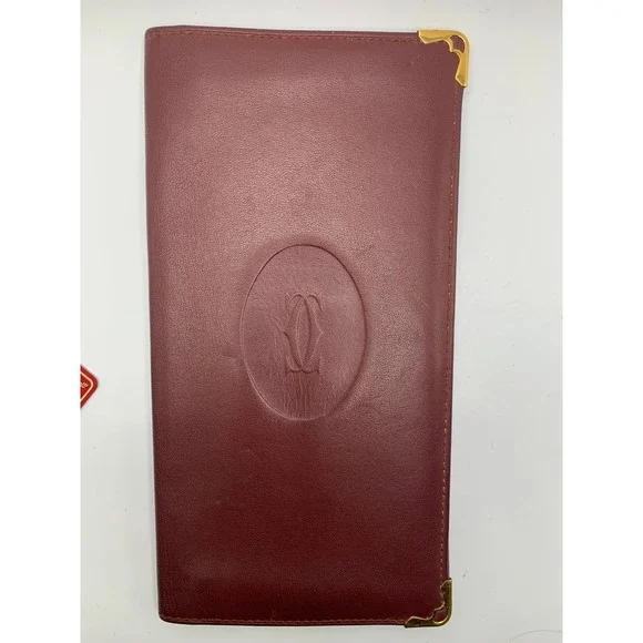 Cartier Must de Cartier Burgundy Leather Long‎ Bifold Wallet Gold Corners #674