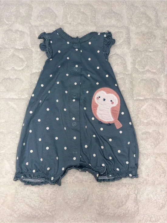 Blue Polka Dot Baby Romper with Owl Embroidery