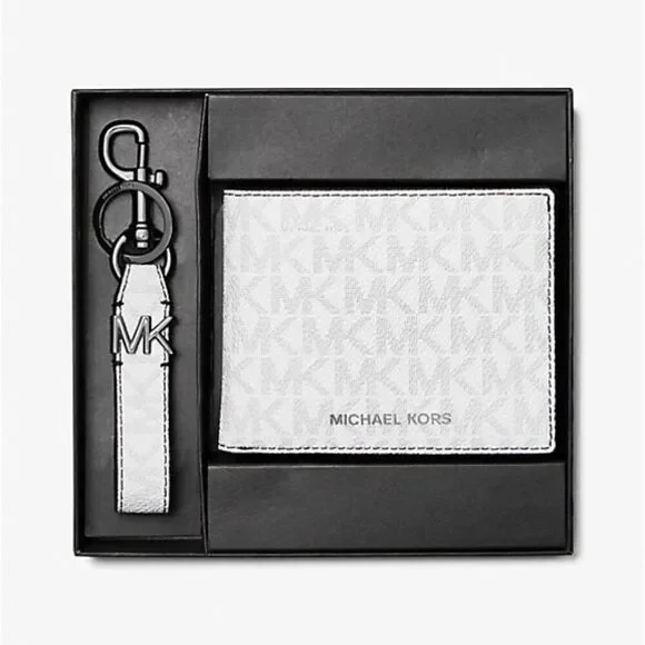 NIB New Michael Kors Bright White Logo Wallet & Keychain Set