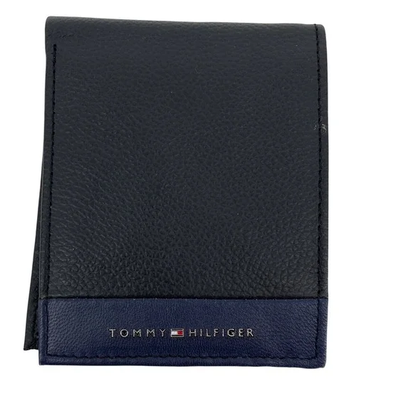 Tommy Hilfiger Bifold Wallet Mens OS Black Navy Blue Excellent Leather ID Window