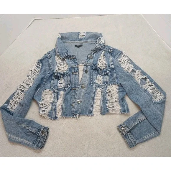ChiQle Extreme Ripped Cropped  Denim Jacket Women's Size Large Preppy Concert.