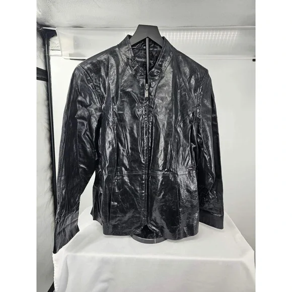 Pamela McCoy Womens Black Genuine Leather Full Zip Mandarin Collar Jacket 1X
