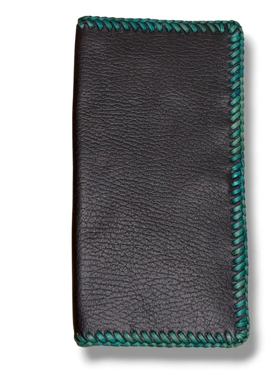 Vintage Western Leather Wallet Unisex Black Green Stitching Goth Punk Retro