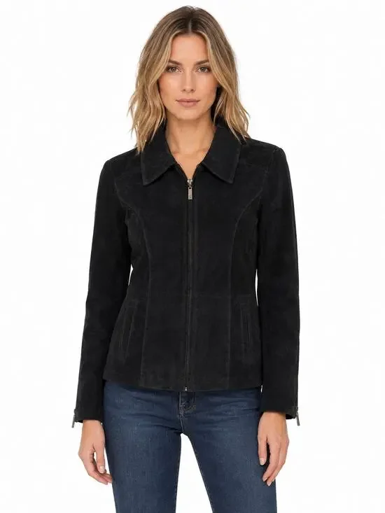 2000s Dennis Basso Washable Black Suede Leather Jacket zippered Cuffs Medium