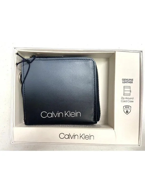 Calvin Klein Men RFID Protection Zip Card Case Wallet Black+Gray Leather $50