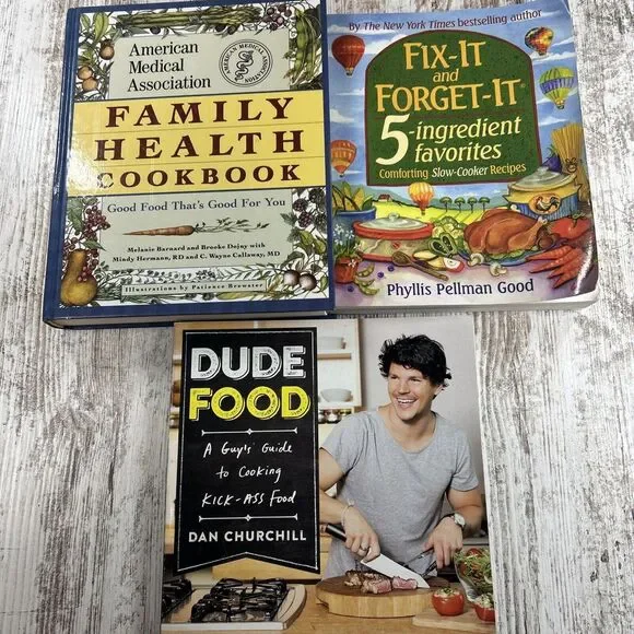 Lot Of 3 Cookbooks-Family Health Cookbook, Fix‎ It And Forget It, Dude Food