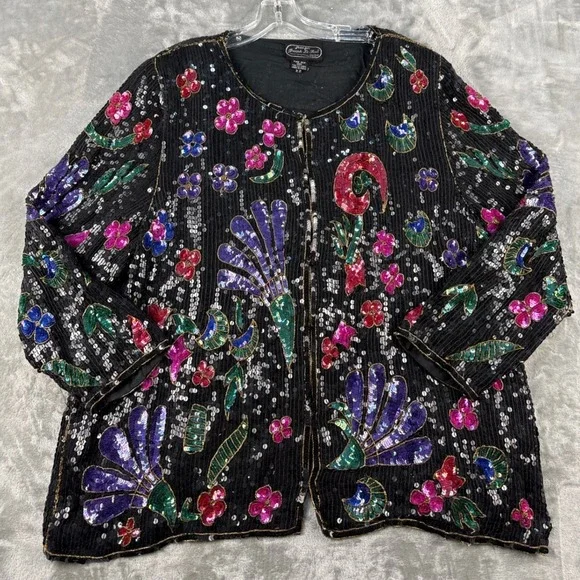 VTG Jean for Joseph Le Bon Jacket Womens XL Silk Sequin Floral Beaded Black EUC