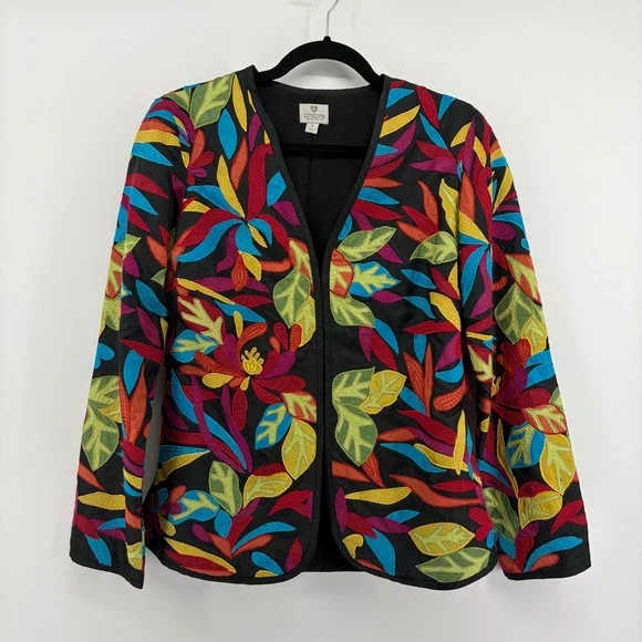 Chicos Silk Embroidered Floral Applique Jacket Black Multicolor SZ 0 /‎ US Small