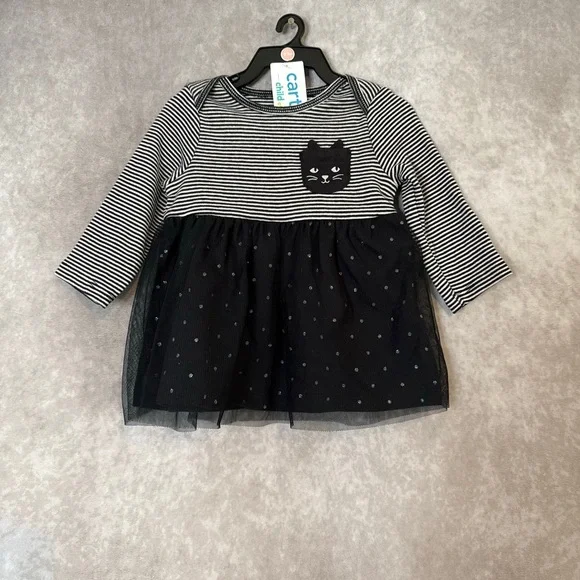 NWT‎ Carters Black Cat Halloween Tulle Dress Size 0-3 Months Stripes Polka Dot