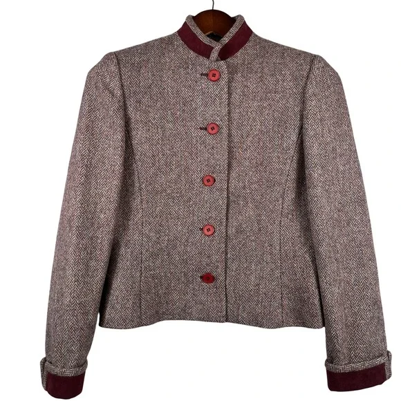VINTAGE Raffinati Wool Blazer 8 Gray Burgundy Herringbone Lined Canada Trim