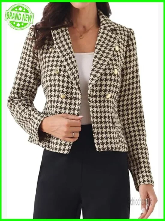 Cropped Houndstooth Blazer Notch Lapel Long Sleeve Button Down Work Jacket