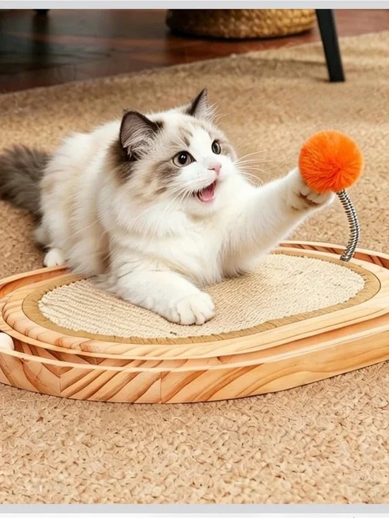 Cat Scratching Pad with Orange Pom Pom Toy - Plush Interactive Cat Toy