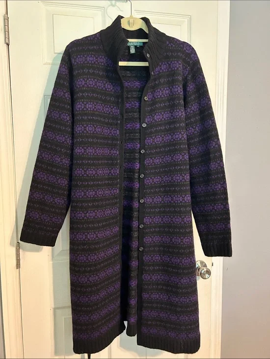 Ralph Lauren Women's Long Button-Front Sweater Coatigan in Black & Purple