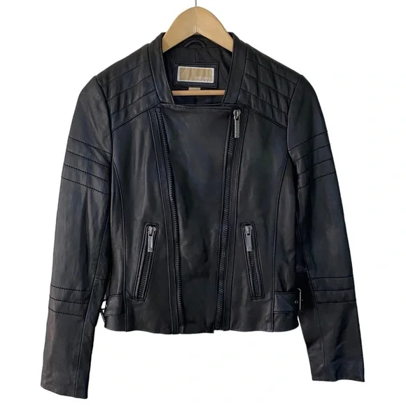 Michael Kors Womens Moto Leather Jacket Black Size Small NWD