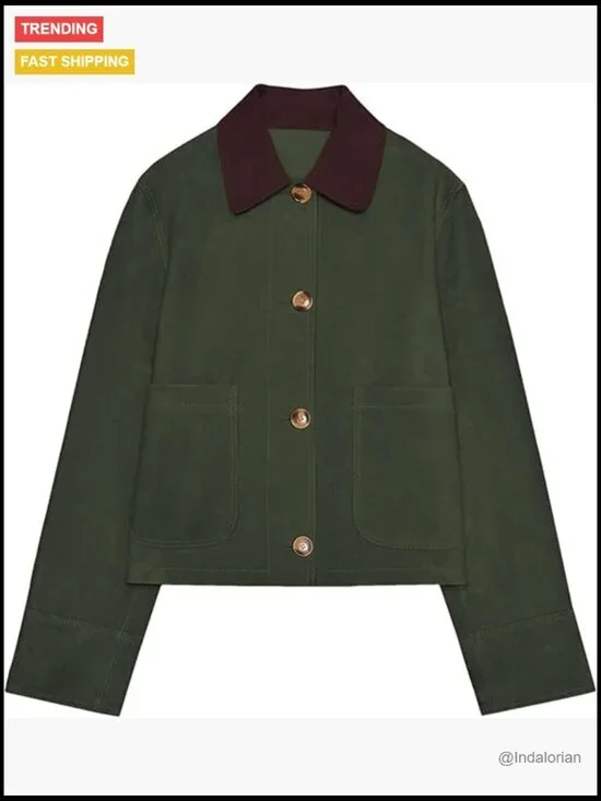 Faux Suede Button Down Shacket with Contrast Collar and Pockets