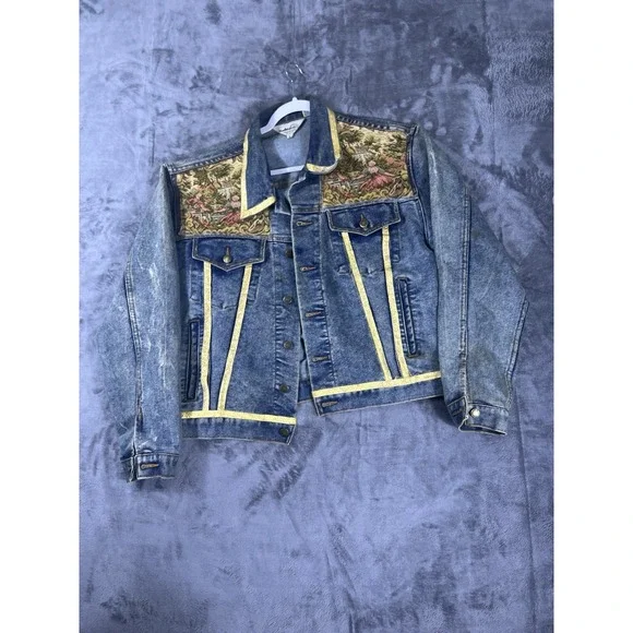 Windbreaker Vintage Denim Jacket XL Tapestry Panels Acid Wash Blue Yellow Trim