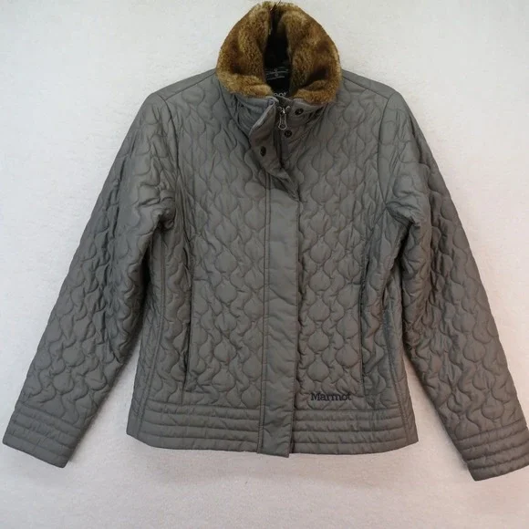 Marmot Womens Gray Quilted Faux Fur Collar Puffer Jacket A90370 Medium