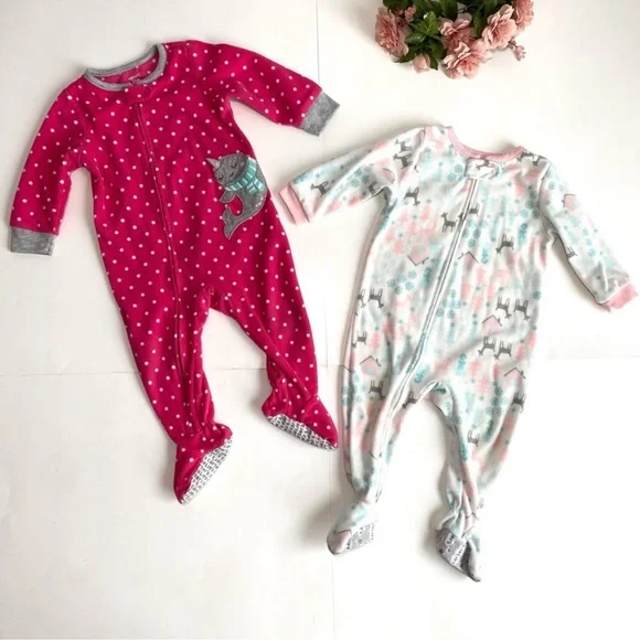 Carter's Fleece Footed Onesie Baby Girl Pajamas Bundle of 2