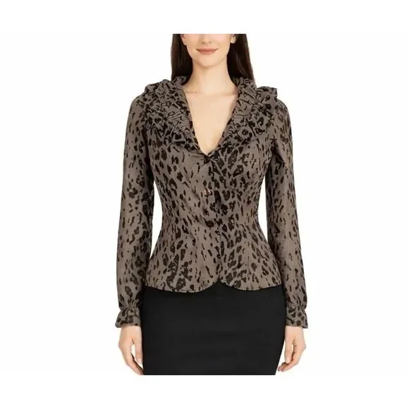 Anne Fontaine Volina Leopard Print Blazer Size 8 Ruffle Button Front Jacket