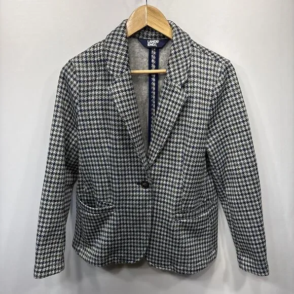 Lands’ End Knit Blazer M Petite Gray Houndstooth Blue Green One Button Career
