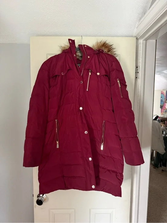 Michael Kors Wine-Red Quilted Puffer Coat with Faux-Fur Trim