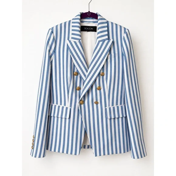 TOCCIN Blue White Striped Double Breasted Blazer Gold Button Peaked Lapel Jacket