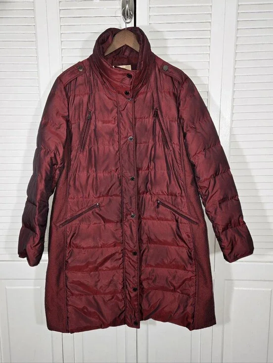 Michael Kors Quilted Puffer Mid Iridescent Burgundy High Collar Zip Jacket Sz XL