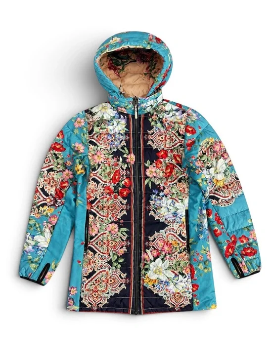 Johnny Was Santa Fe Reversible Down Puffer Parka Teal Multicolor Floral Large
