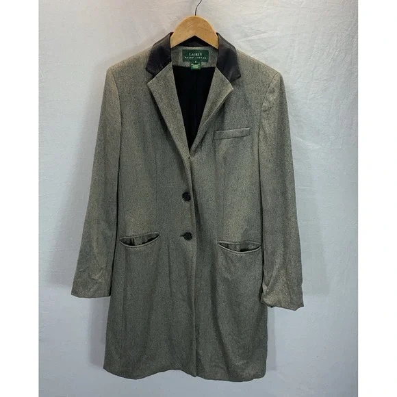 Ralph Lauren wmn‎ Size 6 Gray Brown Equestrian Riding Jacket Wool Leather Trim
