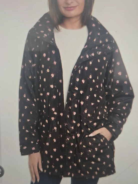 CAbi Black Puffer Jacket with Pink Spot Floral Print XS