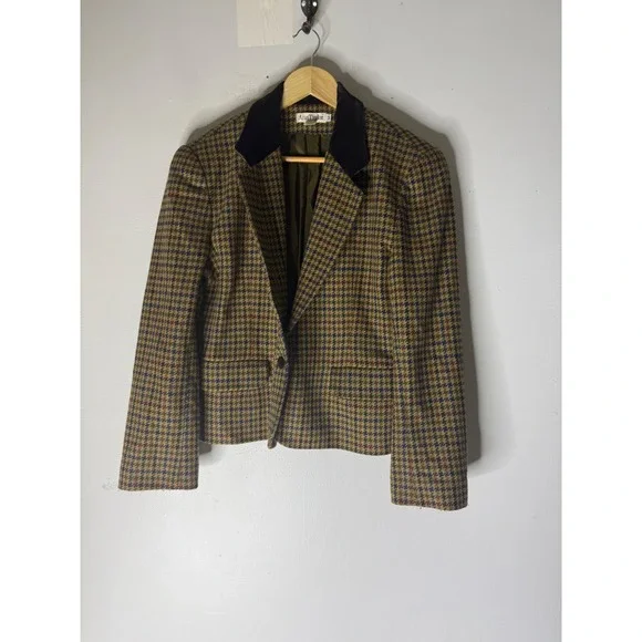 Vintage Houndstooth Wool Blazer Velvet Collar Plaid Equestrian Jacket Mustard 12