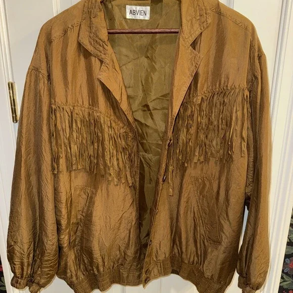 Abvien Women's 100% Silk Fringe Jacket Vintage Large Mustard‎ Brown Button Up