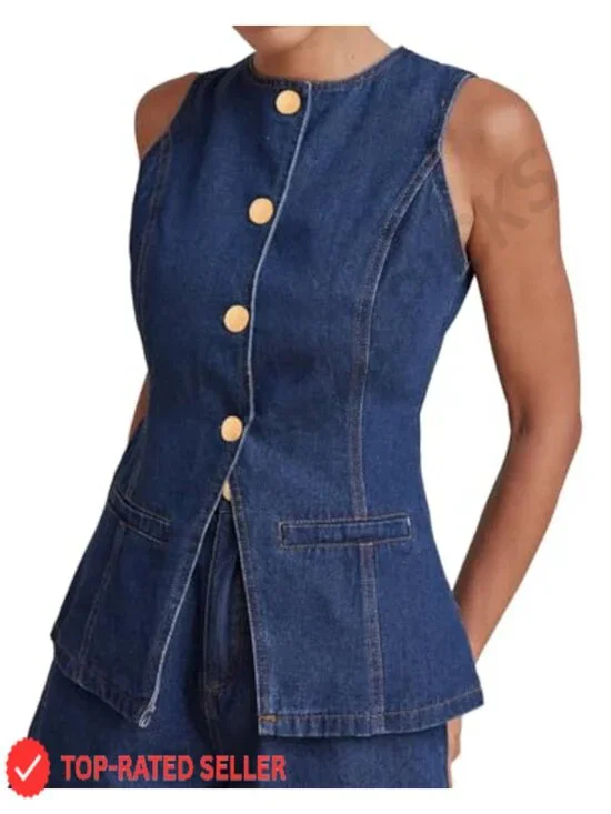 Women's Denim Vest Sleeveless Button Down Slim Fit Jean Waistcoat with Pockets